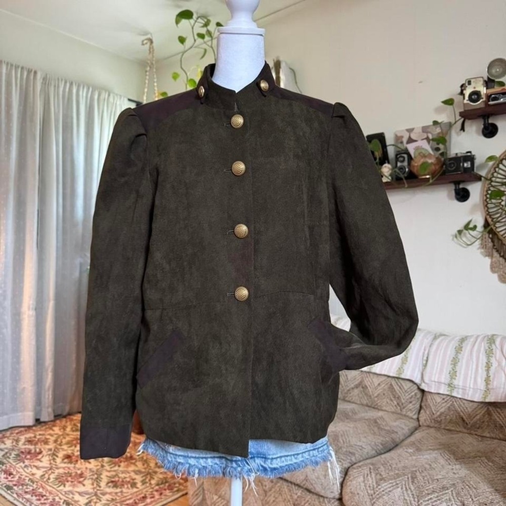 Susan Graver Olive Green Corduroy Military Jacket Gold Crest Buttons Mens M